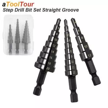 3-12MM HSS Step Drill Bit Set Nitrogen Coated Straight Groove High Speed Steel Stepped Up Cone Conical Hex Shank Hole Cutter