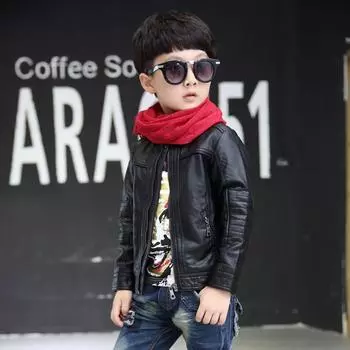 3-14 лет PU кожаная детская куртка карман на молнии для девочек пальто модная одежда для мальчиков утепленная плюшевая детская верхняя одежда 160 чёрный