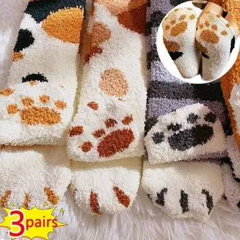 3/1 пары носков с принтом кошачьих лапок, зимние теплые утолщенные пушистые чулки для женщин и девочек, черные, белые, коралловые, флисовые, для сна дома
