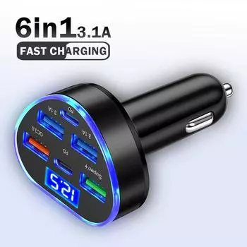 3.1A USB автомобильное зарядное устройство Type C быстрая зарядка телефонный адаптер для Xiaomi Huawei PD телефон зарядное устройство автомобильный адаптер гнездо прикуривателя 6 IN 1 Car Charger