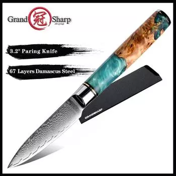 3,2 нож для очистки овощей, дамасская сталь, кухонный нож, ножи для чистки фруктов, нож для нарезки овощей, деревянная ручка из смолы GRANDSHARP