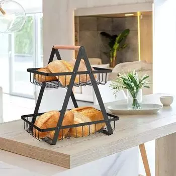 3/2 Tier Bathroom Shelf Portable Fruit Basket Organiser Metal Rectangular Storage Basket Bread & Snacks Desktop Organiser