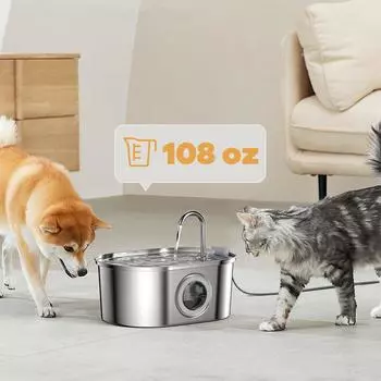 3.2L Pet Water Feeder с прозрачным окном Бесшумный фильтр с краном Нержавеющая сталь Автоматический фонтан для питья собак