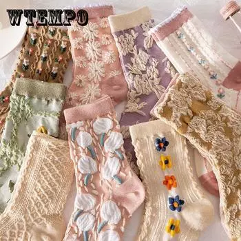 3/4/4/6 Пара Женщины Носки Хлопок 3D Вязание Цветы Тисненые Печатные Японские Моды Лолита Светло-голубые носки Женские для осени Зима 3pcs A