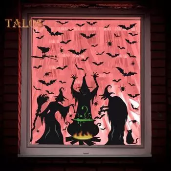 3/4/6/9 шт. наклейки на окна на Хэллоуин, ведьма, скелет, летучая мышь, кошка, паутина, силуэт, статическое прилипание, страшная вдова, настенный декор для домашнего офиса, магазин B