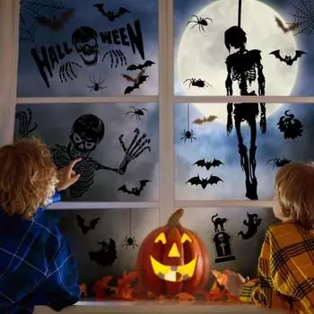 3/4/6/9 шт. наклейки на окна на Хэллоуин ведьма скелет летучая мышь кошка паутина силуэт статическое прилипание страшная вдова B