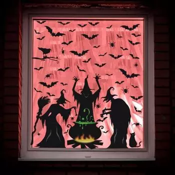 3/4/6/9Pcs Halloween Window Stickers Witch Skeleton Bat Cat Spider Web Silhouette Static B