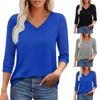 3/4 Length Sleeve Womens Tops V-Neck Lace Tunic Tops Business Casual Blouses M чёрный