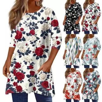 3/4 рукав карман топы для женщин принт футболка средней длины блузка с круглым вырезом XL красный