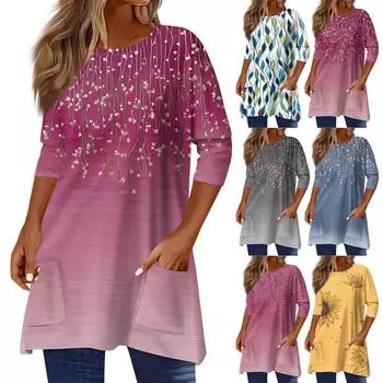 3/4 рукав карман топы для женщин принт футболка средней длины блузка с круглым вырезом XXL красный