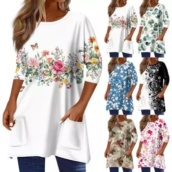 3/4 рукав карман топы для женщин принт футболка средней длины блузка с круглым вырезом XL розовый