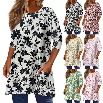 3/4 рукав карман топы для женщин принт футболка средней длины блузка с круглым вырезом XXL