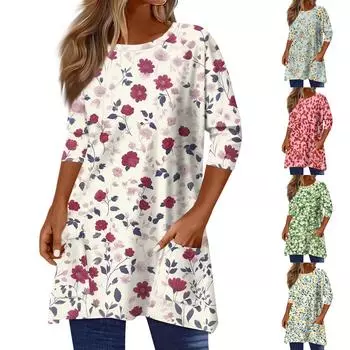 3/4 рукав карман топы для женщин принт футболка средней длины блузка с круглым вырезом XXL винный