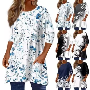 3/4 рукав карман топы для женщин принт футболка средней длины блузка с круглым вырезом L
