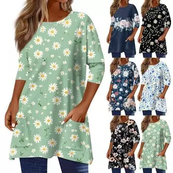 3/4 рукав карман топы для женщин принт футболка средней длины блузка с круглым вырезом L