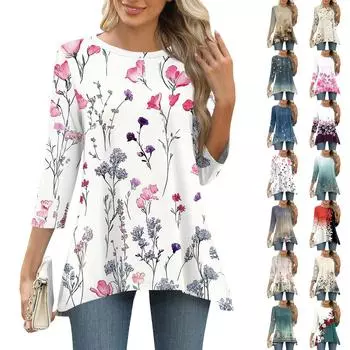 3/4 рукав туника топы для женщин принтованный повседневный выходной свободный крой модная базовая футболка с круглым вырезом L бежевый