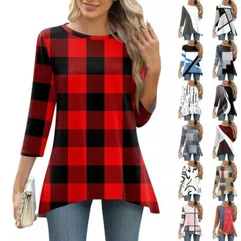 3/4 рукав туника топы для женщин принтованный повседневный выходной свободный крой модная базовая футболка с круглым вырезом L чёрный