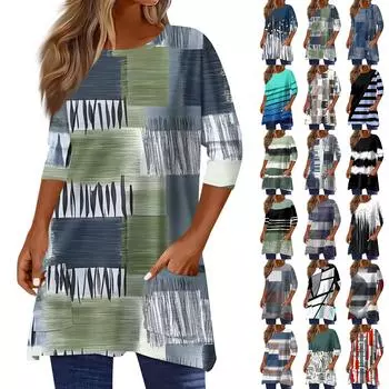 3/4 рукава кармана топы для женщин футболка повседневный принт средней длины топы футболка круглый вырез пуловер блузка L циан