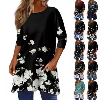 3/4 рукава кармана топы для женщин футболка повседневный принт средней длины топы футболка круглый вырез пуловер блузка M