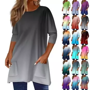 3/4 рукава кармана топы для женщин футболка повседневный принт средней длины топы футболка круглый вырез пуловер блузка L синий