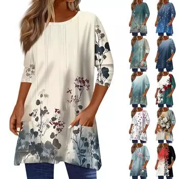 3/4 рукава кармана топы для женщин футболка повседневный принт средней длины топы футболка круглый вырез пуловер блузка L бежевый