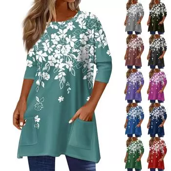 3/4 рукава кармана топы для женщин футболка повседневный принт средней длины топы футболка круглый вырез пуловер блузка L армия зеленый