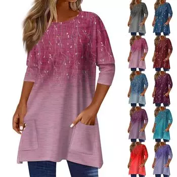 3/4 рукава кармана топы для женщин футболка повседневный принт средней длины топы футболка круглый вырез пуловер блузка L