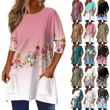 3/4 рукава кармана топы для женщин футболка повседневный принт средней длины топы футболка круглый вырез пуловер блузка S