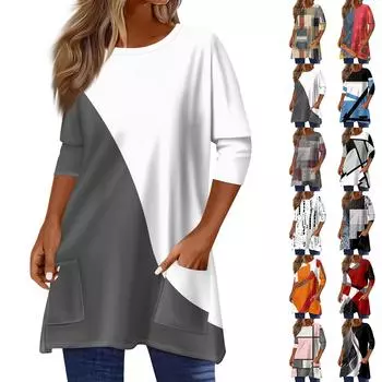 3/4 рукава кармана топы для женщин футболка повседневный принт средней длины топы футболка круглый вырез пуловер блузка M оранжевый