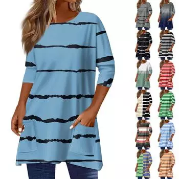 3/4 рукава кармана топы для женщин футболка повседневный принт средней длины топы футболка круглый вырез пуловер блузка L бежевый