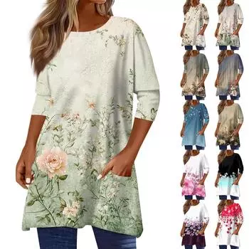 3/4 рукава кармана топы для женщин футболка повседневный принт средней длины топы футболка круглый вырез пуловер блузка XXXL синий