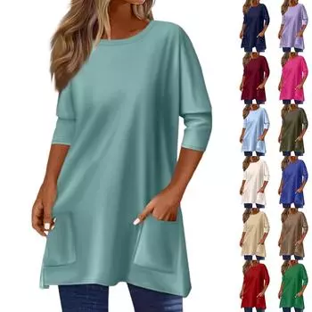 3/4 рукава кармана топы для женщин футболка повседневный принт средней длины топы футболка круглый вырез пуловер блузка XXL
