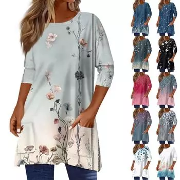 3/4 рукава кармана топы для женщин футболка повседневный принт средней длины топы футболка круглый вырез пуловер блузка L