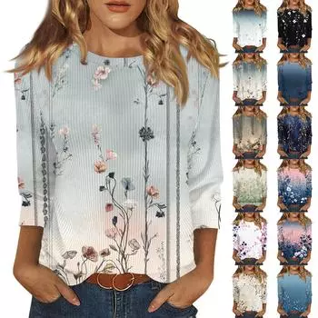 3/4 рукава топы для женщин футболка повседневные принты топы футболка круглый вырез пуловер блузка L чёрный