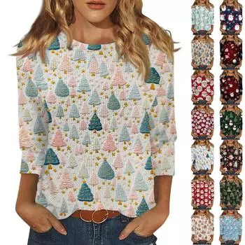 3/4 рукава топы для женщин футболка повседневные принты топы футболка круглый вырез пуловер блузка L чёрный