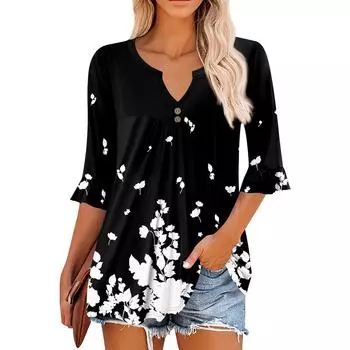 3/4 рукава топы для женщин повседневные оборки V-образный вырез футболки рабочие блузки нарядные туники топы XXL чёрный