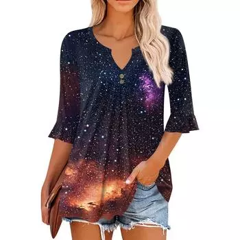 3/4 рукава топы для женщин повседневные оборки V-образный вырез футболки рабочие блузки нарядные туники топы M