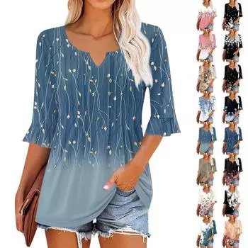 3/4 рукава топы для женщин повседневные оборки V-образный вырез футболки рабочие блузки нарядные туники топы S розовый