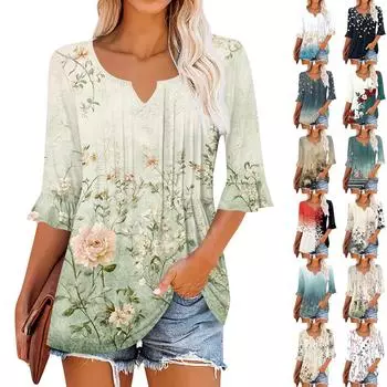 3/4 рукава топы для женщин повседневные оборки V-образный вырез футболки рабочие блузки нарядные туники топы XL циан