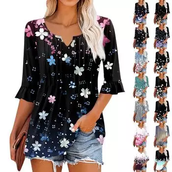 3/4 рукава топы для женщин повседневные оборки V-образный вырез футболки рабочие блузки нарядные туники топы M розовый