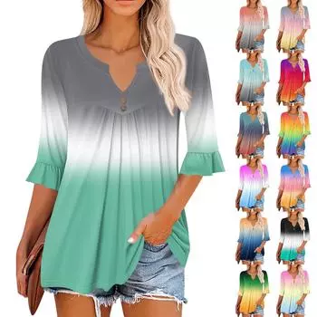 3/4 рукава топы для женщин повседневные оборки V-образный вырез футболки рабочие блузки нарядные туники топы M зелёный