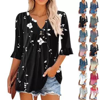 3/4 рукава топы для женщин повседневные оборки V-образный вырез футболки рабочие блузки нарядные туники топы XXL