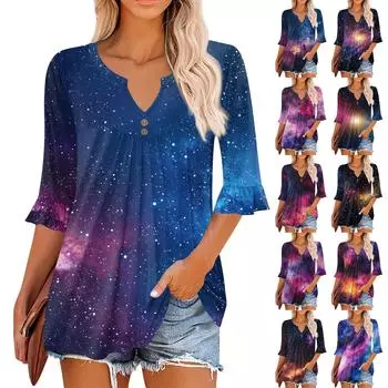 3/4 рукава топы для женщин повседневные оборки V-образный вырез футболки рабочие блузки нарядные туники топы L чёрный