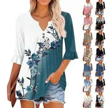 3/4 рукава топы для женщин повседневные оборки V-образный вырез футболки рабочие блузки нарядные туники топы L синий