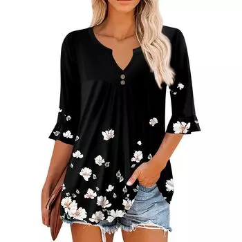 3/4 рукава топы для женщин повседневные оборки V-образный вырез футболки рабочие блузки нарядные туники топы S красный