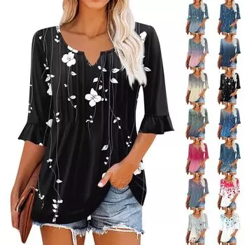 3/4 рукава топы для женщин повседневные оборки V-образный вырез футболки рабочие блузки нарядные туники топы L чёрный