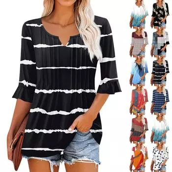 3/4 рукава топы для женщин повседневные оборки V-образный вырез футболки рабочие блузки нарядные туники топы L чёрный