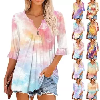 3/4 рукава топы для женщин повседневные оборки V-образный вырез футболки рабочие блузки нарядные туники топы M оранжевый