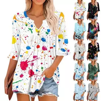 3/4 рукава топы для женщин повседневные оборки V-образный вырез футболки рабочие блузки нарядные туники топы XL