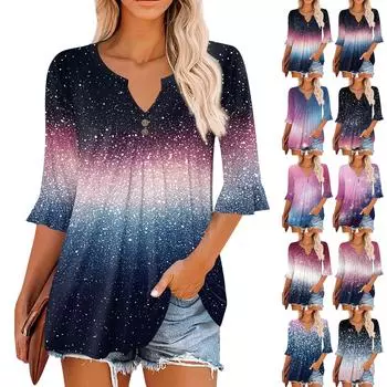 3/4 рукава топы для женщин повседневные оборки V-образный вырез футболки рабочие блузки нарядные туники топы M